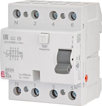 Реле диференційне (ПЗВ) 4р EFI-P4 63/0,1 NL тип A (10kA) (нейтр. полюс зліва) 2061823 фото